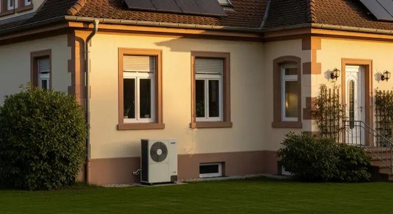 Hausbesitzer-Paar vor Einfamilienhaus in Freiburg, sonniger Tag, positive Energie-Szenerie