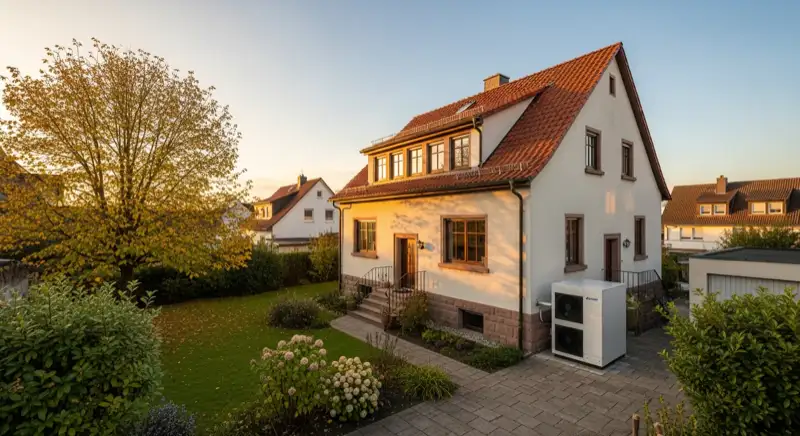 Hausbesitzer-Paar vor Einfamilienhaus in Freiburg, sonniger Tag, positive Energie-Szenerie