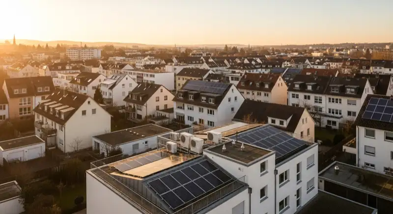 Wohngebiete in Freiburg mit verschiedenen Bauformen, typische Einfamilienhäuser und Dachstrukturen aus der Luft