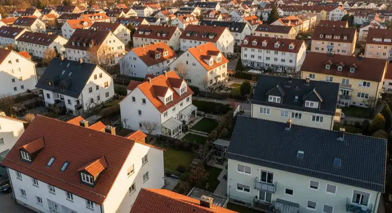 Aerial drone view of typical German residential neighborhood with mixed roof types, red and dark roof tiles, gardens visible, sunny day