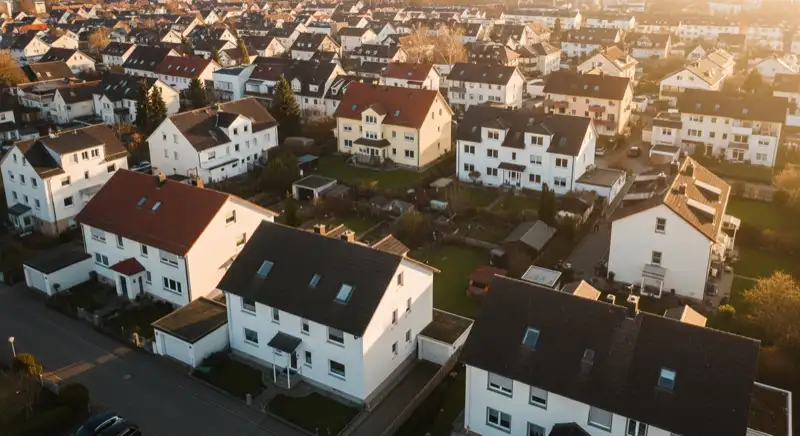 Aerial drone view of typical German residential neighborhood with mixed roof types, red and dark roof tiles, gardens visible, sunny day