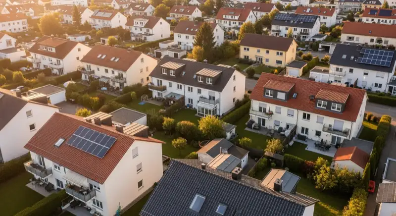 Aerial drone view of typical German residential neighborhood with mixed roof types, red and dark roof tiles, gardens visible, sunny day