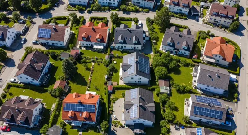 Aerial drone view of typical German residential neighborhood with mixed roof types, red and dark roof tiles, gardens visible, sunny day