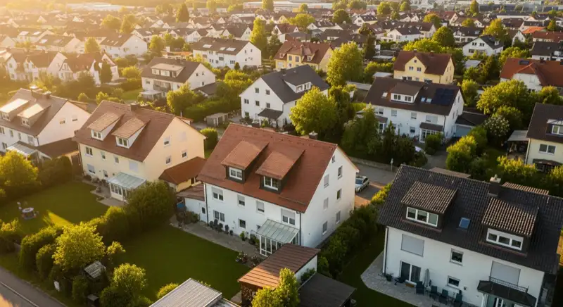 Aerial drone view of typical German residential neighborhood with mixed roof types, red and dark roof tiles, gardens visible, sunny day