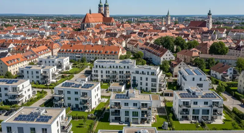 Freising Stadtpanorama mit modernen Wohngebieten im Vordergrund und historischer Altstadt mit Dom im Hintergrund