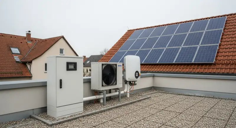 Modern German electrical meter cabinet (Zählerschrank) with smart meter and solar inverter connection, clean technical installation