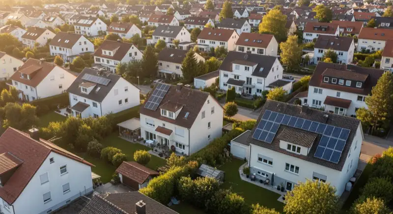 Aerial drone view of typical German residential neighborhood with mixed roof types, red and dark roof tiles, gardens visible, sunny day