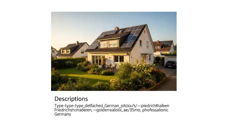 German detached house (Einfamilienhaus) with photovoltaic panels on pitched roof, well-maintained garden, warm afternoon sunlight