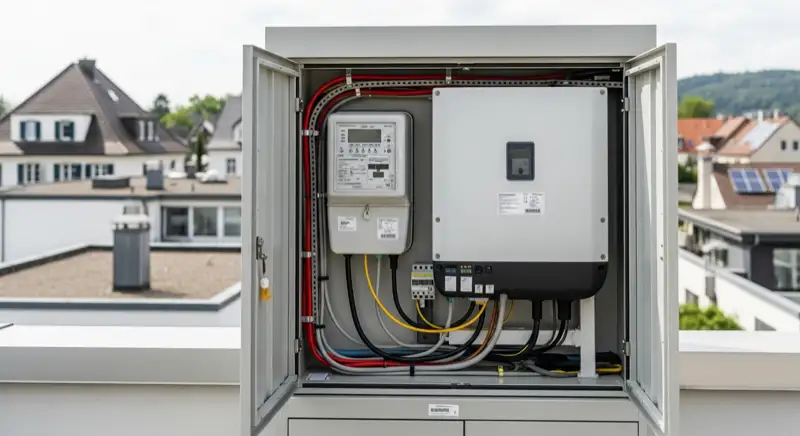 Modern German electrical meter cabinet (Zählerschrank) with smart meter and solar inverter connection, clean technical installation