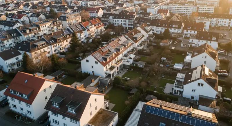 Aerial drone view of typical German residential neighborhood with mixed roof types, red and dark roof tiles, gardens visible, sunny day