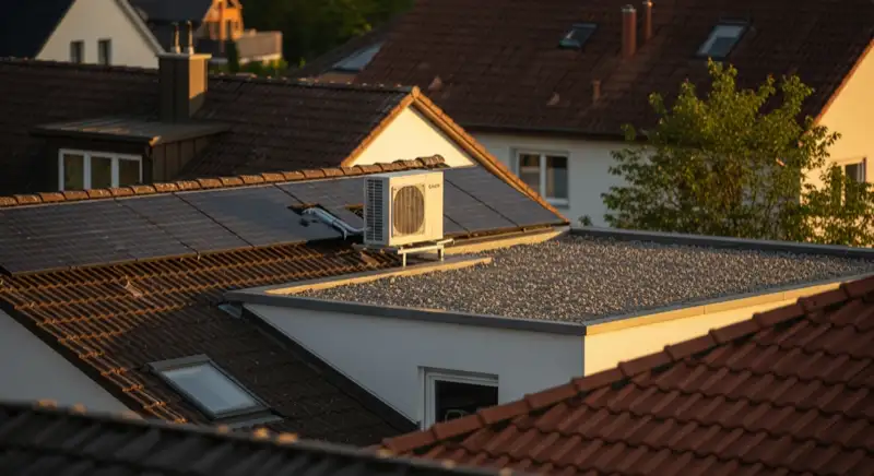 Moderne Wärmepumpe mit Photovoltaikanlage auf Hausdach in Friedrichshafen am Bodensee