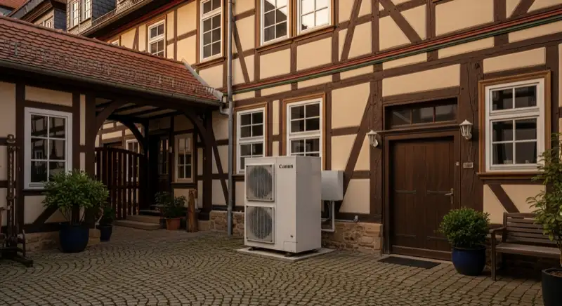 Luft-Wasser-Wärmepumpe Außeneinheit im Innenhof eines denkmalgeschützten Fachwerkhauses in Fürth