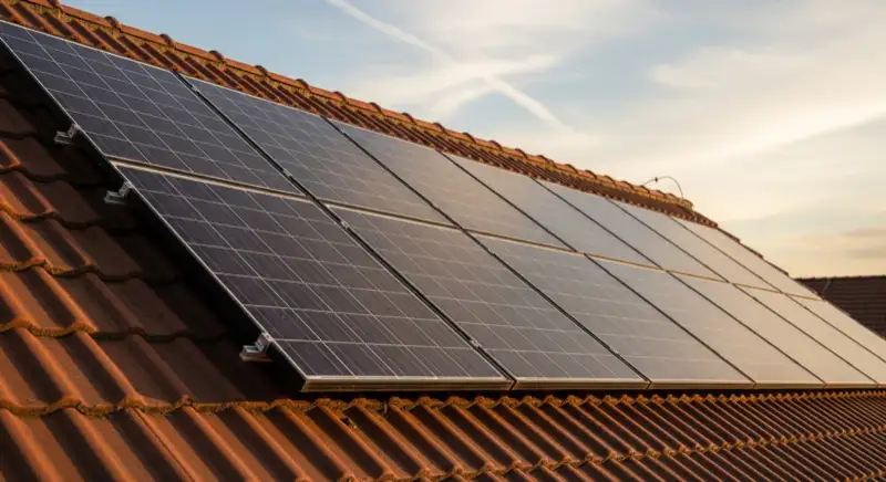 Close-up of photovoltaic solar panels installed on a traditional German Satteldach (gabled roof), blue sky with some clouds