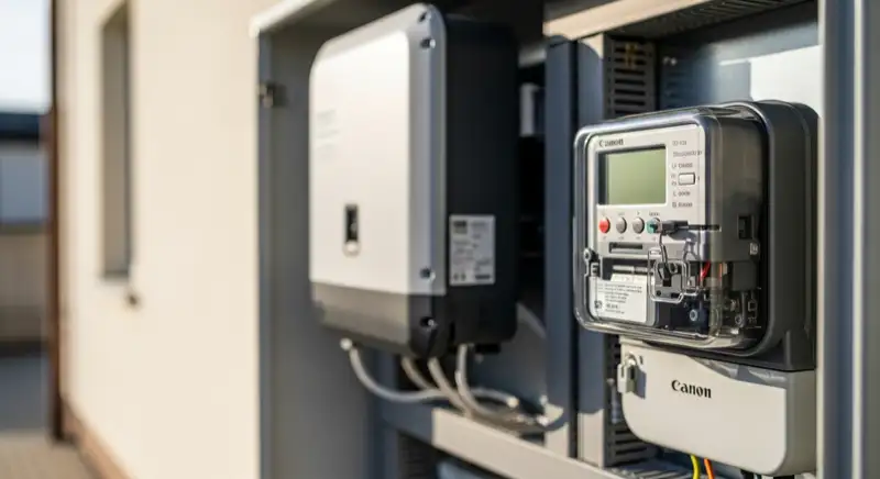 Modern German electrical meter cabinet (Zählerschrank) with smart meter and solar inverter connection, clean technical installation