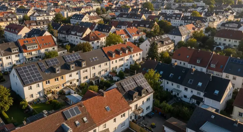 Aerial drone view of typical German residential neighborhood with mixed roof types, red and dark roof tiles, gardens visible, sunny day