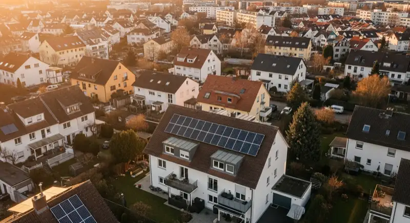 Aerial drone view of typical German residential neighborhood with mixed roof types, red and dark roof tiles, gardens visible, sunny day