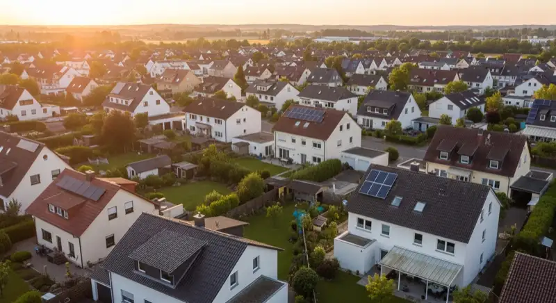 Aerial drone view of typical German residential neighborhood with mixed roof types, red and dark roof tiles, gardens visible, sunny day