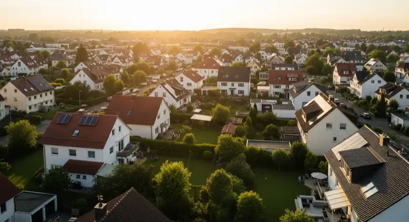 Aerial drone view of typical German residential neighborhood with mixed roof types, red and dark roof tiles, gardens visible, sunny day