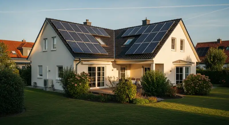 German detached house (Einfamilienhaus) with photovoltaic panels on pitched roof, well-maintained garden, warm afternoon sunlight