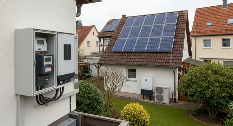 Modern German electrical meter cabinet (Zählerschrank) with smart meter and solar inverter connection, clean technical installation