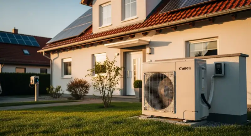 Moderne Wärmepumpen-Außeneinheit mit Smart Home Steuerung vor typischem Fuldaer Einfamilienhaus
