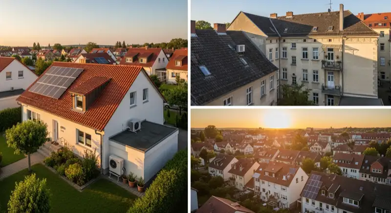 Aerial drone view of typical German residential neighborhood with mixed roof types, red and dark roof tiles, gardens visible, sunny day