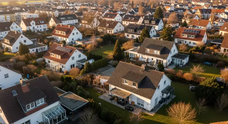Aerial drone view of typical German residential neighborhood with mixed roof types, red and dark roof tiles, gardens visible, sunny day