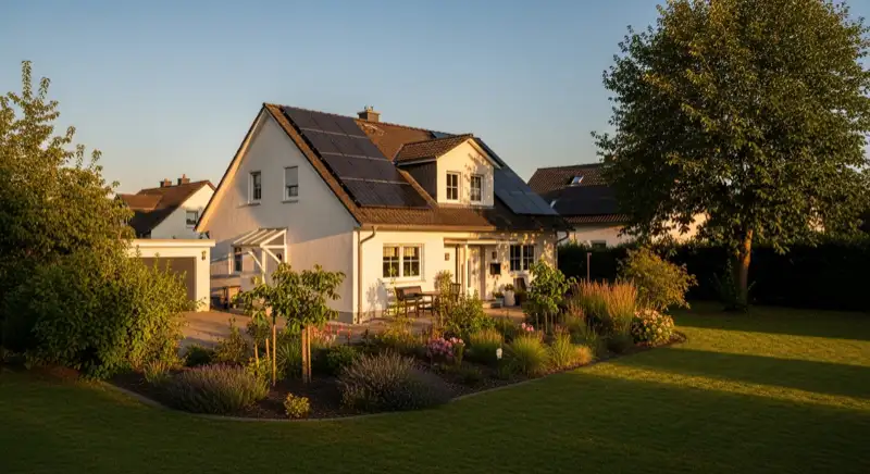 German detached house (Einfamilienhaus) with photovoltaic panels on pitched roof, well-maintained garden, warm afternoon sunlight