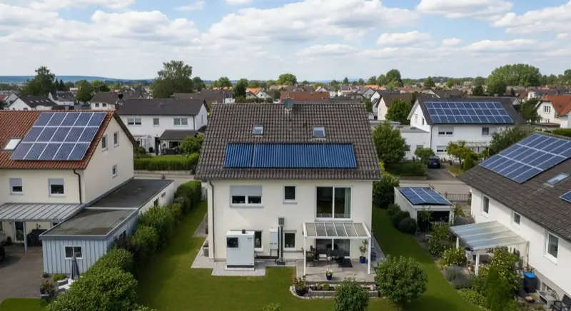 Moderne Wärmepumpe vor typischem Garbsener Einfamilienhaus