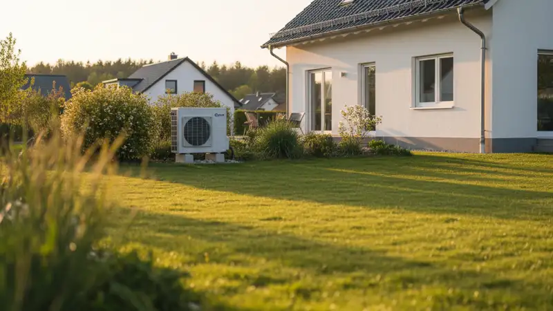Einfamilienhaus mit Wärmepumpe im Vorgarten in einem Garbsener Wohngebiet mit typischer Backstein-Architektur