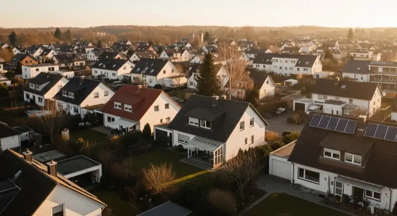 Aerial drone view of typical German residential neighborhood with mixed roof types, red and dark roof tiles, gardens visible, sunny day