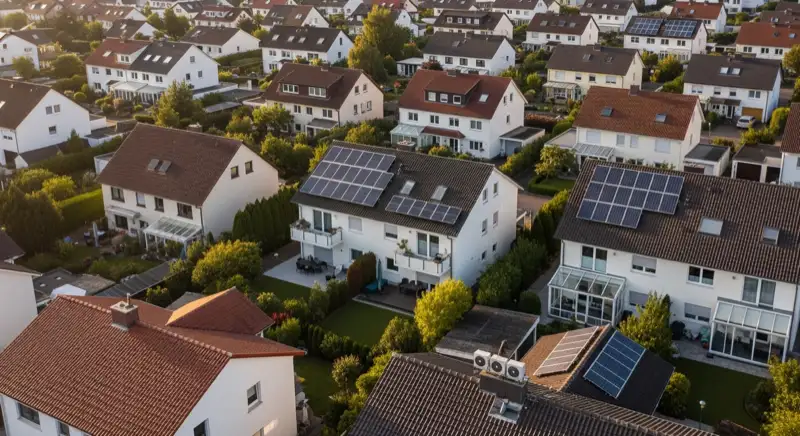 Aerial drone view of typical German residential neighborhood with mixed roof types, red and dark roof tiles, gardens visible, sunny day