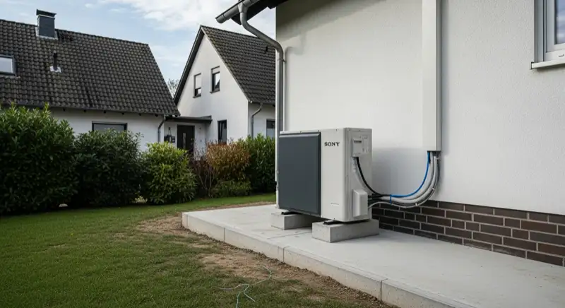 Installateur montiert Wärmepumpen-Außeneinheit auf Betonfundament in Garbsen