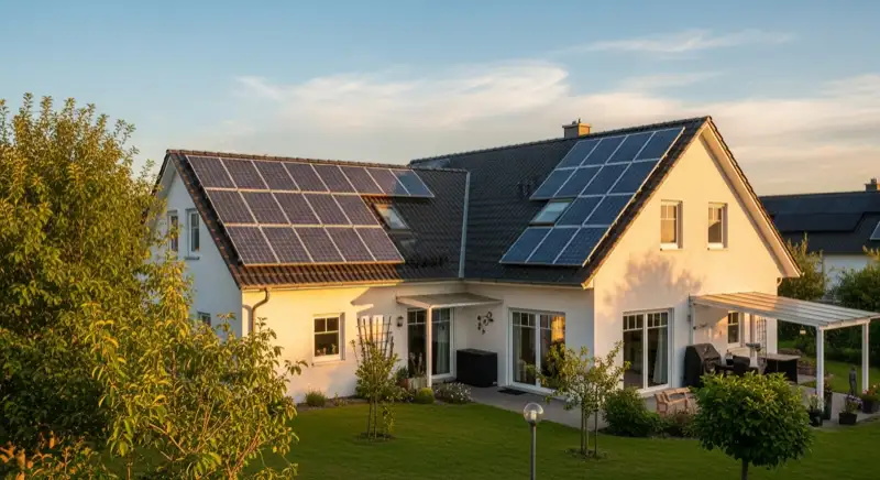 German detached house (Einfamilienhaus) with photovoltaic panels on pitched roof, well-maintained garden, warm afternoon sunlight