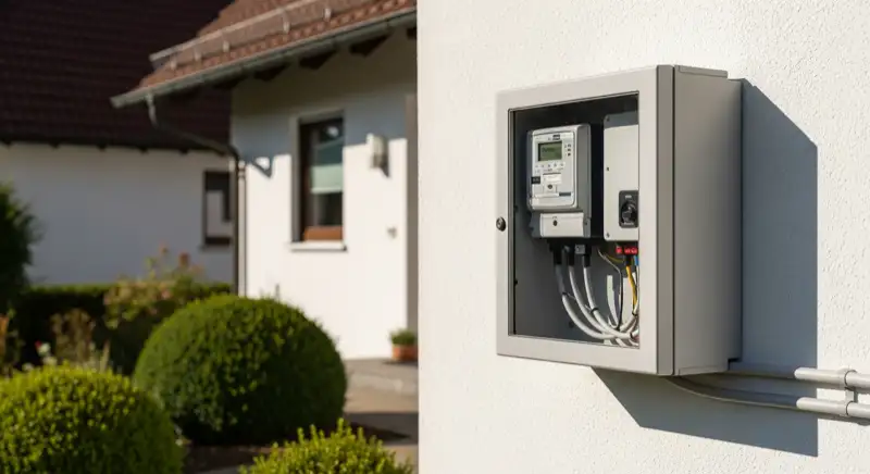 Modern German electrical meter cabinet (Zählerschrank) with smart meter and solar inverter connection, clean technical installation