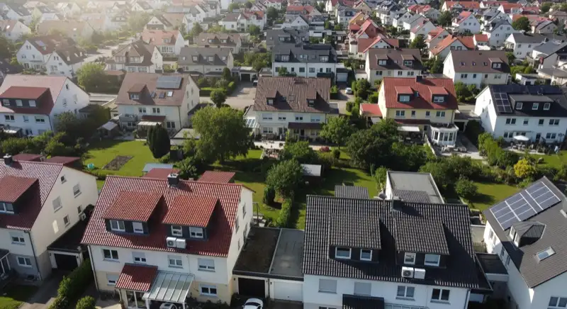 Aerial drone view of typical German residential neighborhood with mixed roof types, red and dark roof tiles, gardens visible, sunny day