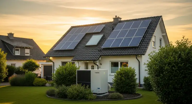 Einfamilienhaus in Garbsen mit Solaranlage auf dem Dach und Wärmepumpe im Vorgarten