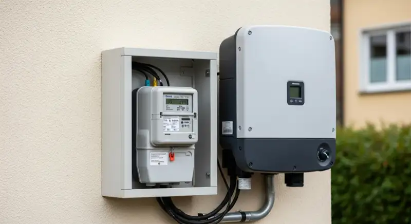 Modern German electrical meter cabinet (Zählerschrank) with smart meter and solar inverter connection, clean technical installation