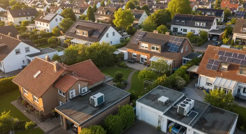 Aerial drone view of typical German residential neighborhood with mixed roof types, red and dark roof tiles, gardens visible, sunny day