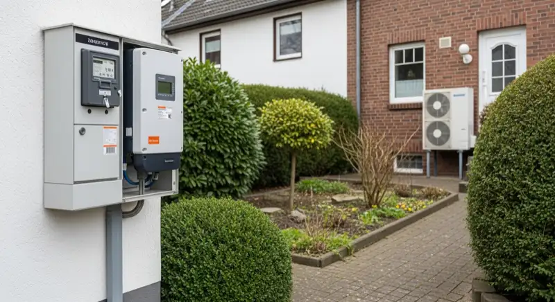 Modern German electrical meter cabinet (Zählerschrank) with smart meter and solar inverter connection, clean technical installation
