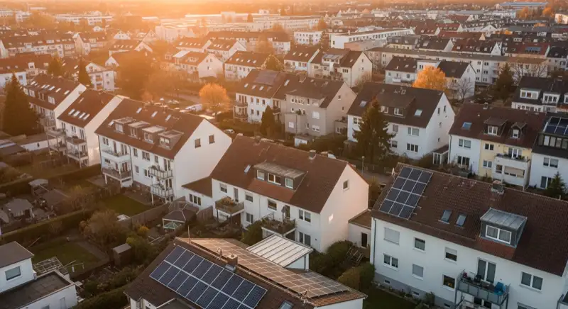 Aerial drone view of typical German residential neighborhood with mixed roof types, red and dark roof tiles, gardens visible, sunny day