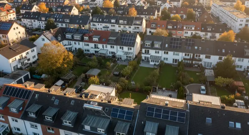 Aerial drone view of typical German residential neighborhood with mixed roof types, red and dark roof tiles, gardens visible, sunny day