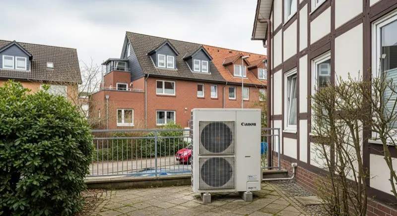 Heizungsbauer installiert Wärmepumpe an einem Geraer Einfamilienhaus