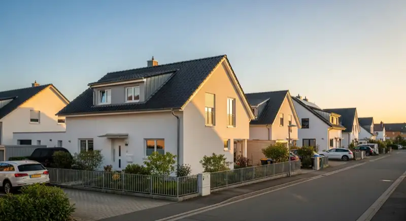 Germeringer Wohnstraße mit Einfamilienhäusern und sichtbaren Wärmepumpen-Außeneinheiten