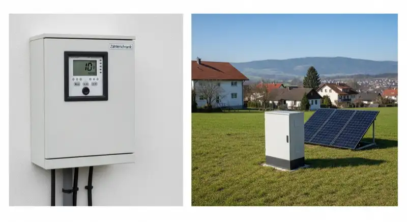 Modern German electrical meter cabinet (Zählerschrank) with smart meter and solar inverter connection, clean technical installation
