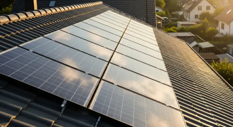 Close-up of photovoltaic solar panels installed on a traditional German Satteldach (gabled roof), blue sky with some clouds