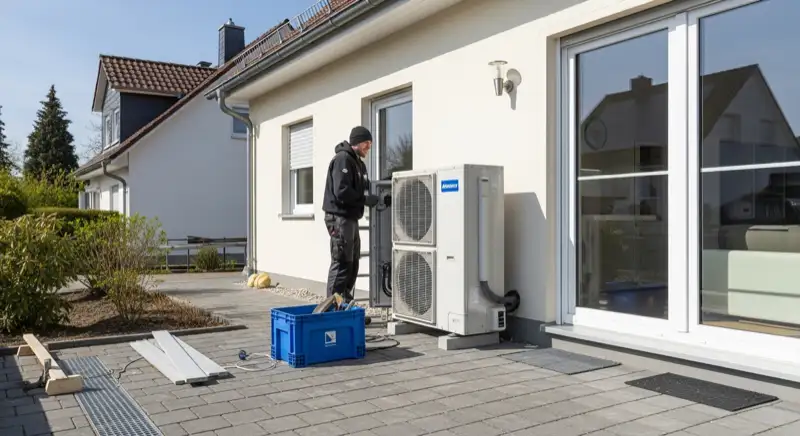 Installateur arbeitet an einer Wärmepumpen-Außeneinheit vor einem Einfamilienhaus in Germering