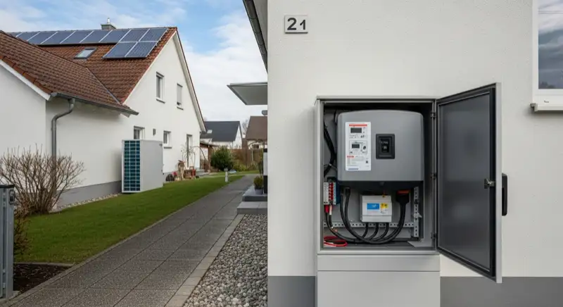 Modern German electrical meter cabinet (Zählerschrank) with smart meter and solar inverter connection, clean technical installation