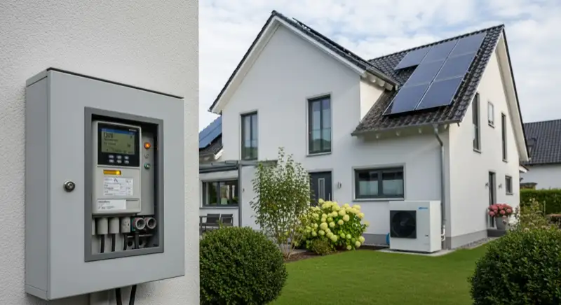 Modern German electrical meter cabinet (Zählerschrank) with smart meter and solar inverter connection, clean technical installation