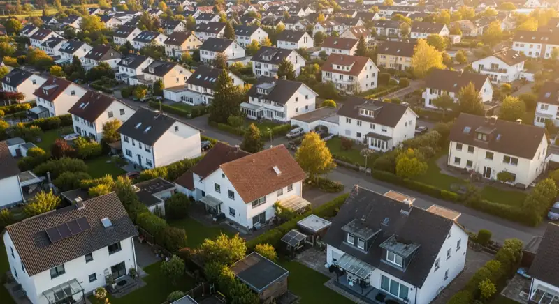Aerial drone view of typical German residential neighborhood with mixed roof types, red and dark roof tiles, gardens visible, sunny day